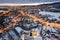 Zakopane cityscape in winter, streets in snow, aerial drone view