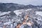 Zakopane cityscape in winter, streets in snow, aerial drone view