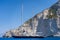 Zakynthos, Greece - August 20, 2019: Luxury yacht parked in Ionian sea near shipwreck bay, Navagios beach in summer noon