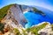 Zakynthos shipwreck beach. Navagio Bay panorama with no boats an