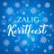 Zalig Kerstfeest calligraphy hand lettering on blue background with bokeh and snowflakes. Merry Christmas typography