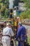 ZAMBERK, CZECHIA - SEPTEMBER 15, 2018: Firefighters wearing traditional uniforms with a steam pumper fire engine in the