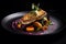 Zander fillet with aromatic herbs, spices and vegetables on dark dinner plate