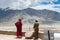 ZANSKAR, INDIA - JULY 15, 2015 : Untitled lama waiting for mystical mask dancing at Karsha Monastery (one of the oldest monastery