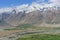 Zanskar valley landscape view from Karsha Gonpa with Himalaya mountains covered with snow and blue sky in Jammu & Kashmir, India