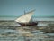 Zanzibar beach during low tide with a wooden fishing boat