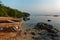 Zanzibar Island coast Tanzania, Zanzibar Archipelago. Typical local aboriginal boats in the evenind and the dusk. Ocean with the