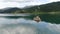 Zaovine Lake, Tara National Park, Serbia. Aerial View of Serbian Flag on Islet