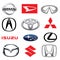 ZAPOROZHYE, UKRAINE - DECEMBER 20, 2017:Collection of japanese car logos printed on white paper: Mazda, Honda, Mitsubishi, Toyota