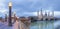 Zaragoza - The panorama with the bridge Puente de Piedra and Basilica del Pilar in the morning dusk