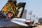 ZARAGOZA, SPAIN - MAY 20,2016: Special painted fighter jet tail on a F-18 Hornet fighter jet between a row of fighters jets