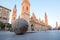 ZARAGOZA, SPAIN - SEPTEMBER 27, 2017: Enormous globe on an area Plaza del Pilar in a historical center. Copy space for text.