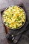 Zarangollo Murciano Stewed Zucchini With Onion and scrambled closeup in the plate. Vertical top view