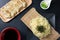 Zaru Ramen, Japanese cold buckwheat noodles served on bamboo colander with Gyozas,fried japanese dumplings