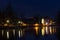 Zatka embankment in city Ceske Budejovice near meeting two river Malse and Vltava at night. Long exposure city