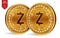 Zcash. Crypto currency. 3D isometric Physical coins. Digital currency. Golden coins with Zcash symbol isolated on white background