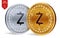 Zcash. Crypto currency. 3D isometric Physical coins. Digital currency. Golden and silver coins with Zcash symbol