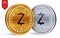 Zcash. Crypto currency. 3D isometric Physical coins. Digital currency. Golden and silver coins with Zcash symbol isolated on white