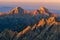 Zdiarska Vidla and Havran peaks of Belianske Tatras enlighted by sunset light during autumn