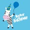 Zebra birthday party print design with text - funny hand drawn doodle, cartoon zebra.