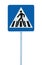 Zebra crossing, pedestrian cross warning street traffic sign in blue and pole post, isolated
