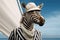 zebra dressed as a yachtsman who steers a sailing yacht