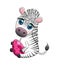 Zebra with Easter egg, flowers. Easter greeting card