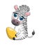 Zebra with Easter egg, flowers. Easter greeting card