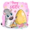 Zebra with Easter egg, flowers. Easter greeting card