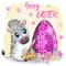 Zebra with Easter egg, flowers. Easter greeting card