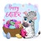 Zebra with Easter egg, flowers. Easter greeting card