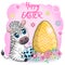 Zebra with Easter egg, flowers. Easter greeting card