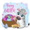 Zebra with Easter egg, flowers. Easter greeting card