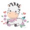 Zebra in a funny cartoon style. Cute animal illustration for baby products. The animal in the vector smiles cutely and