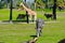 Zebra, Giraffe and antelopes on green meadow at Bush Gardens.