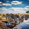 Zebra herd drinking in Serengeti