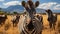 Zebra herd grazing on savannah, nature striped beauty in Africa generated by AI