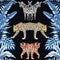 Zebra panther tiger mirror blue leaves black background pattern