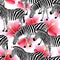 Zebra on pink hibiscus background, seamless pattern.