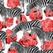 Zebra on red roses background, seamless pattern.
