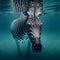 A zebra swimming underwater in a pool, generative ai