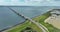 Zeelandbridge infinity bridge in the distance aerial drone view. part of Delta works. Dutch infrastructure holland
