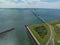 Zeelandbridge infinity bridge in the distance aerial drone view. part of Delta works. Dutch infrastructure holland