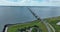 Zeelandbridge infinity bridge in the distance aerial drone view. part of Delta works. Dutch infrastructure holland