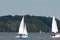 Zegrze, Poland - October 4, 2020: Learning to sail on the lake. A small sailboat on the water