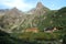 Zelene pleso chalet and Jastrabia veza peak in Zelene pleso valley in High Tatras