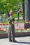 Zelenograd, Russia - May 09.2016. Little boy laying flowers at monument to Marshal Rokossovsky in Victory Park