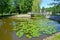 ZELENOGRADSK, RUSSIA. View of the Bridge of Sighs across the Tortilin Pond in a city park on a summer afternoon. Kaliningrad regio