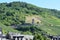 Zell an der Mosel, Germany - 07 19 2022: Runder Turm and the vineyard with a ruin