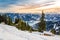 Zell am See at Zeller lake in winter. View from the Mountain Schmittenhohe, snowy slope of ski resort in the Alps